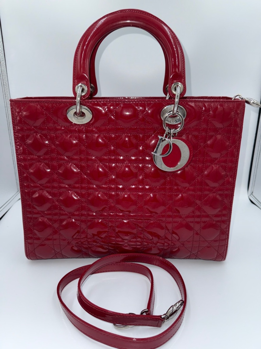 Dior Red Patent Large Lady Dior Satchel with Charm.